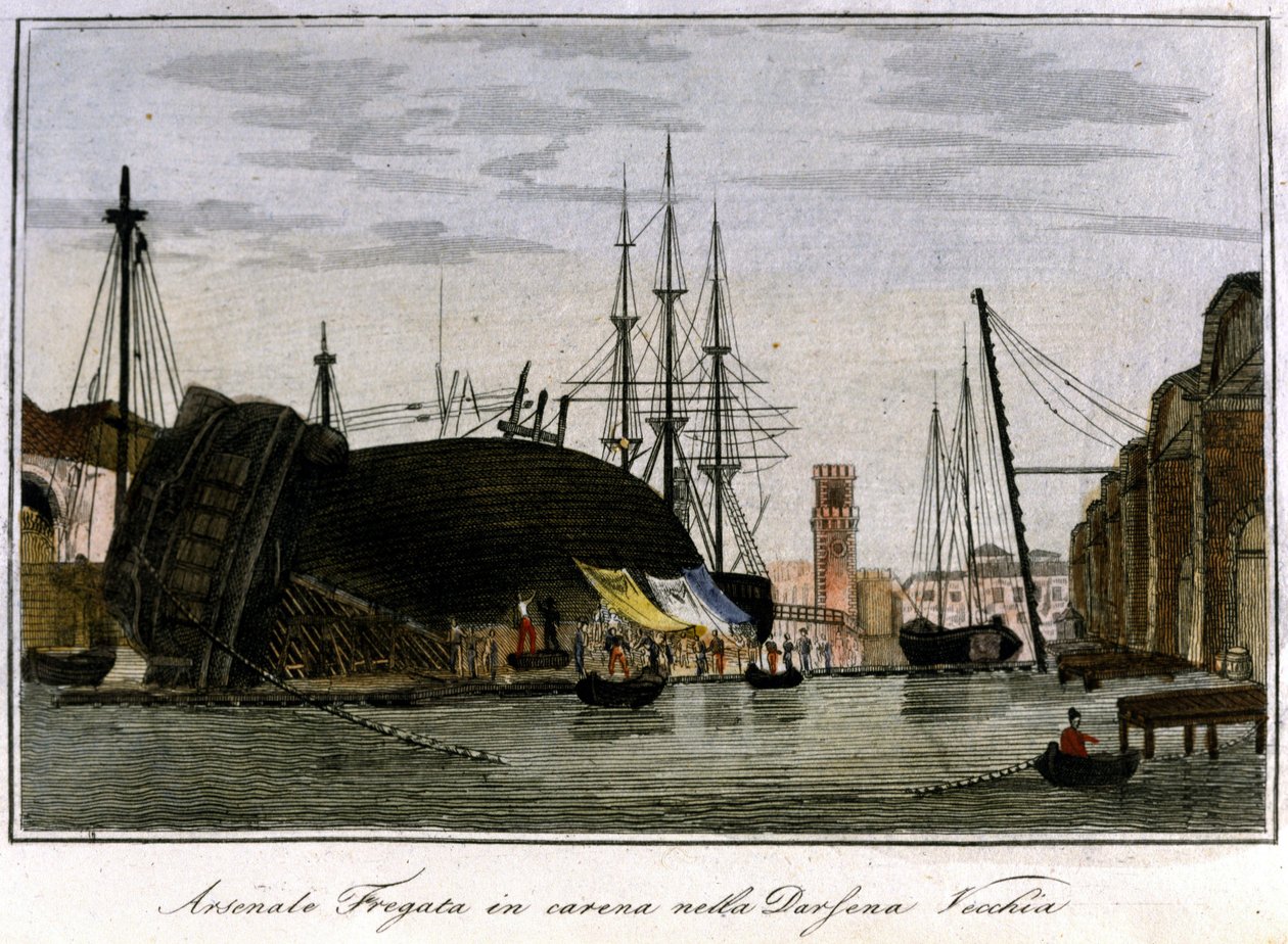 Laiva ammuttiin alas runkoon. Venetsialainen fregatti, jonka runkoa korjataan arsenaalissa. Kaiverrus 1800-luvulta. tekijältä Unknown artist