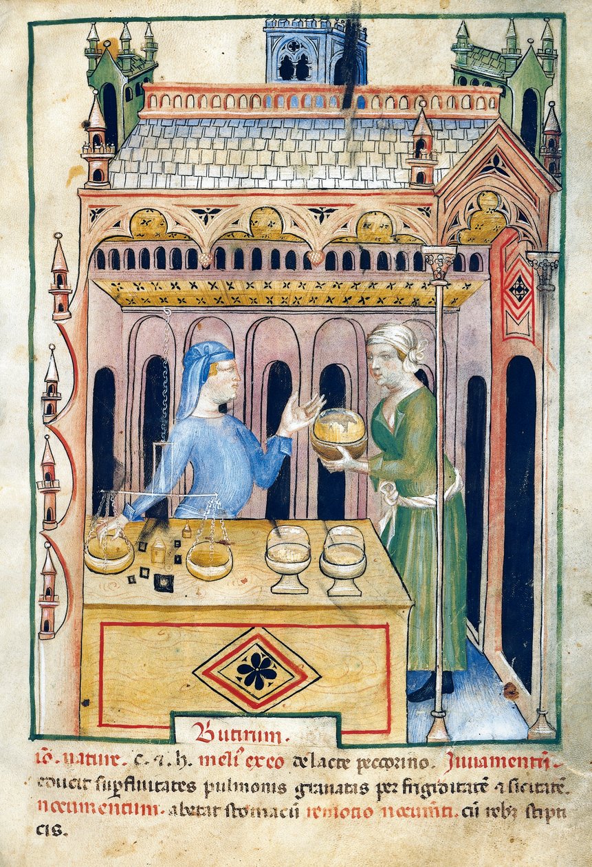 Kauppa voileivän ja kahden naisen kanssa, kuvitus Tacuinum sanitatisista, valaistu käsikirjoitus, latinalainen arabiankielinen uusintapainos 1000-luvulta tekijältä Unknown artist