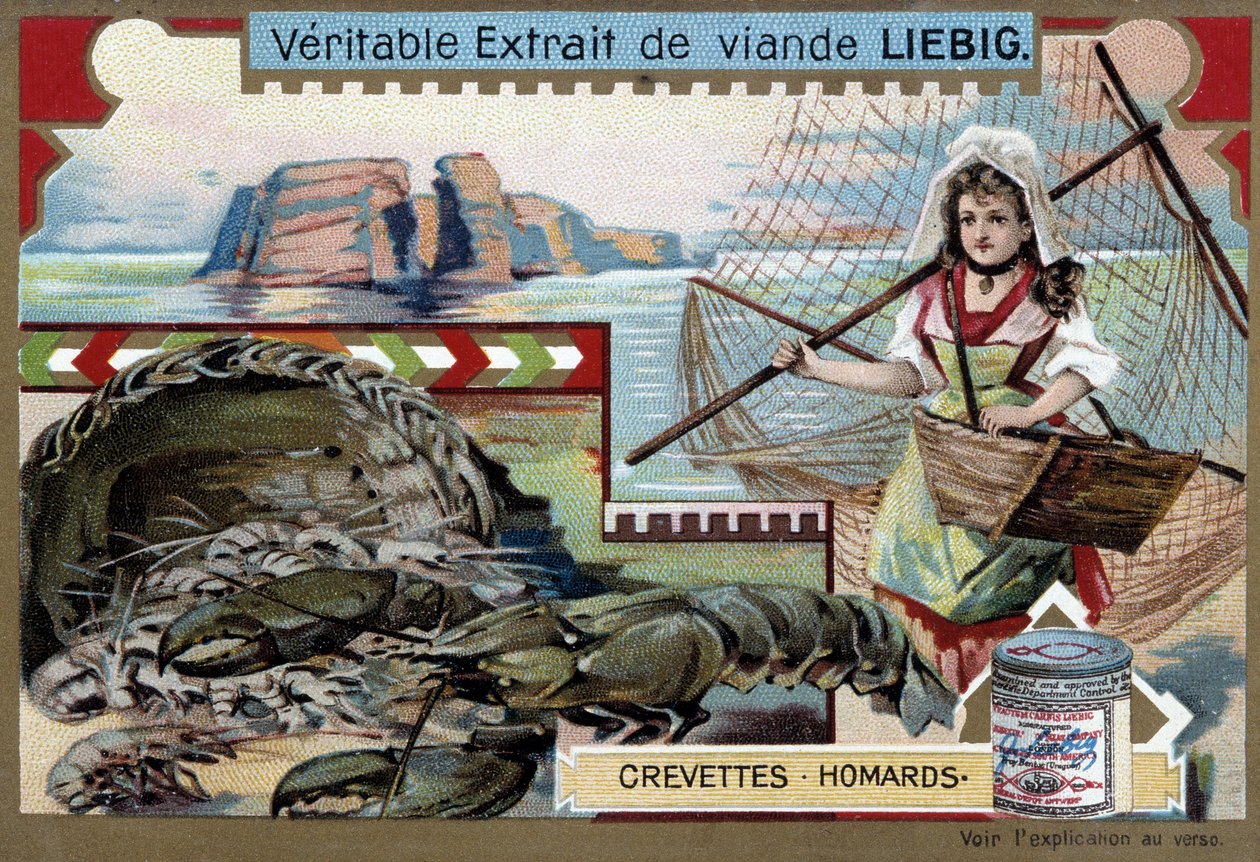 Katkarapu ja hummeri, nuori kalastaja nainen kantamassa koriaan ja suurta verkkoa - Liebig kromolitografia tekijältä Unknown artist