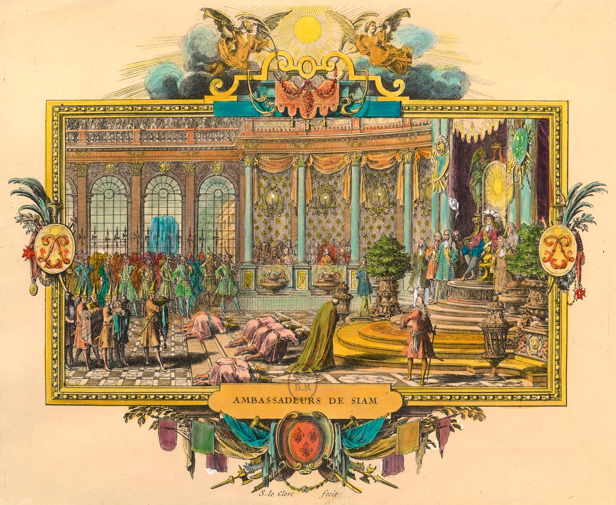 Siamin suurlähettiläät kuningas Ludvig XIV:n hovissa vuonna 1686. Kaiverrus. Yksityinen kokoelma tekijältä Unknown artist