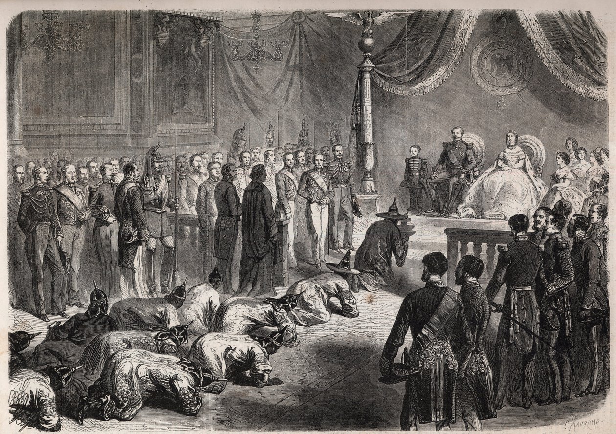 Siamin suurlähettiläät ryömivät kohti Ranskan keisarillista perhettä Fontainebleaussa pidetyssä juhlallisessa audienssissa Napoleon III:n (1808-1873), Eugenien (Eugenia de Montijo) läsnä ollessa. tekijältä Unknown artist