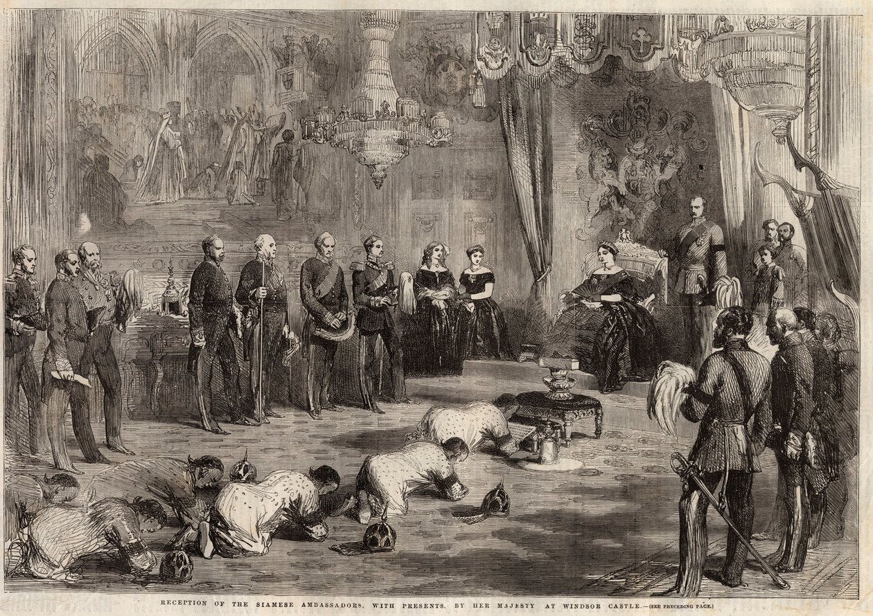 Siamin suurlähettiläät ryömivät kuningatar Victoria Ieren (1819-1901) ja prinssi Albertin (1819-1861) luo vieraillessaan Windsorin linnassa. Kaiverrus 5. joulukuuta 1857 julkaistuun kuvitettuun London News -lehteen. tekijältä Unknown artist