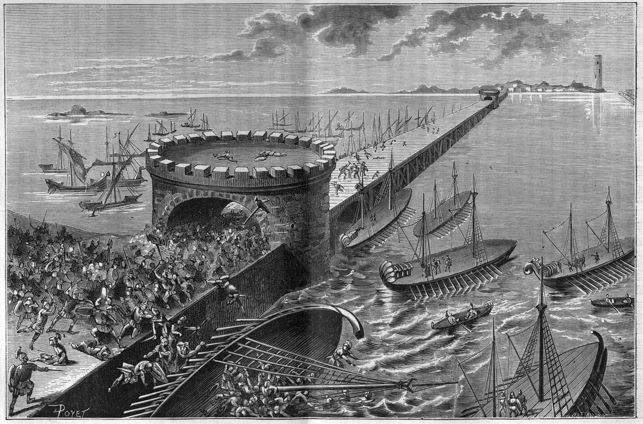 Jules Cesarin Aleksandrian piiritys vuonna 47 eKr. Cesarin galleria siihen tunkeutuneiden sotilaiden painon alla. Kaiverrus vuodelta 1885. tekijältä Unknown artist