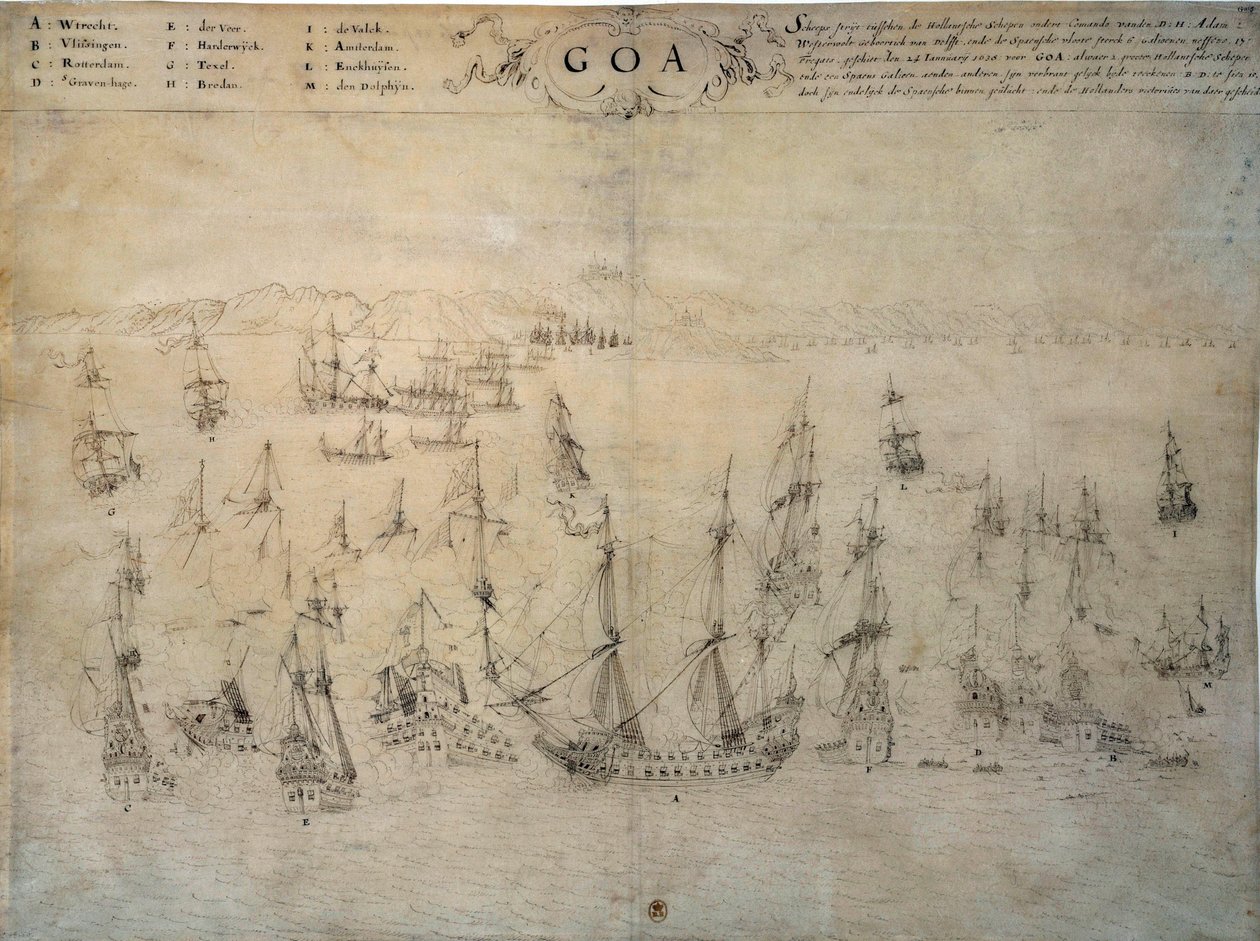 Goan, Portugalin siirtomaa, piiritys Alankomaiden laivaston toimesta vuosina 1603–1639. 1600-luvun käsikirjoitus Paris, B.N. tekijältä Unknown artist