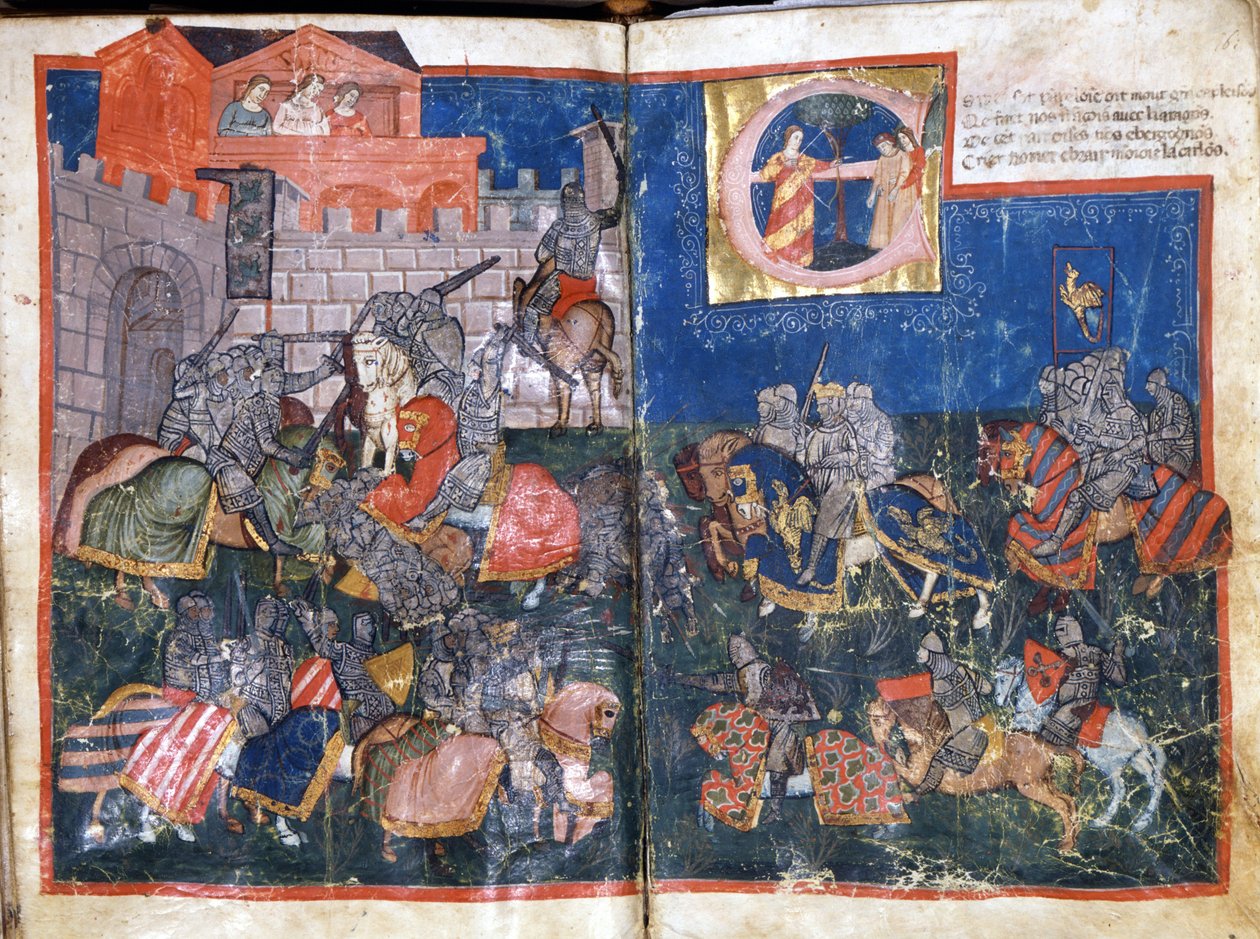 Kaarle Suuren Pamplonan piiritys Espanjassa "Entree of Spain" -miniatyyri. 1300-luvun Venetsia, Biblioteca Marciana. tekijältä Unknown artist