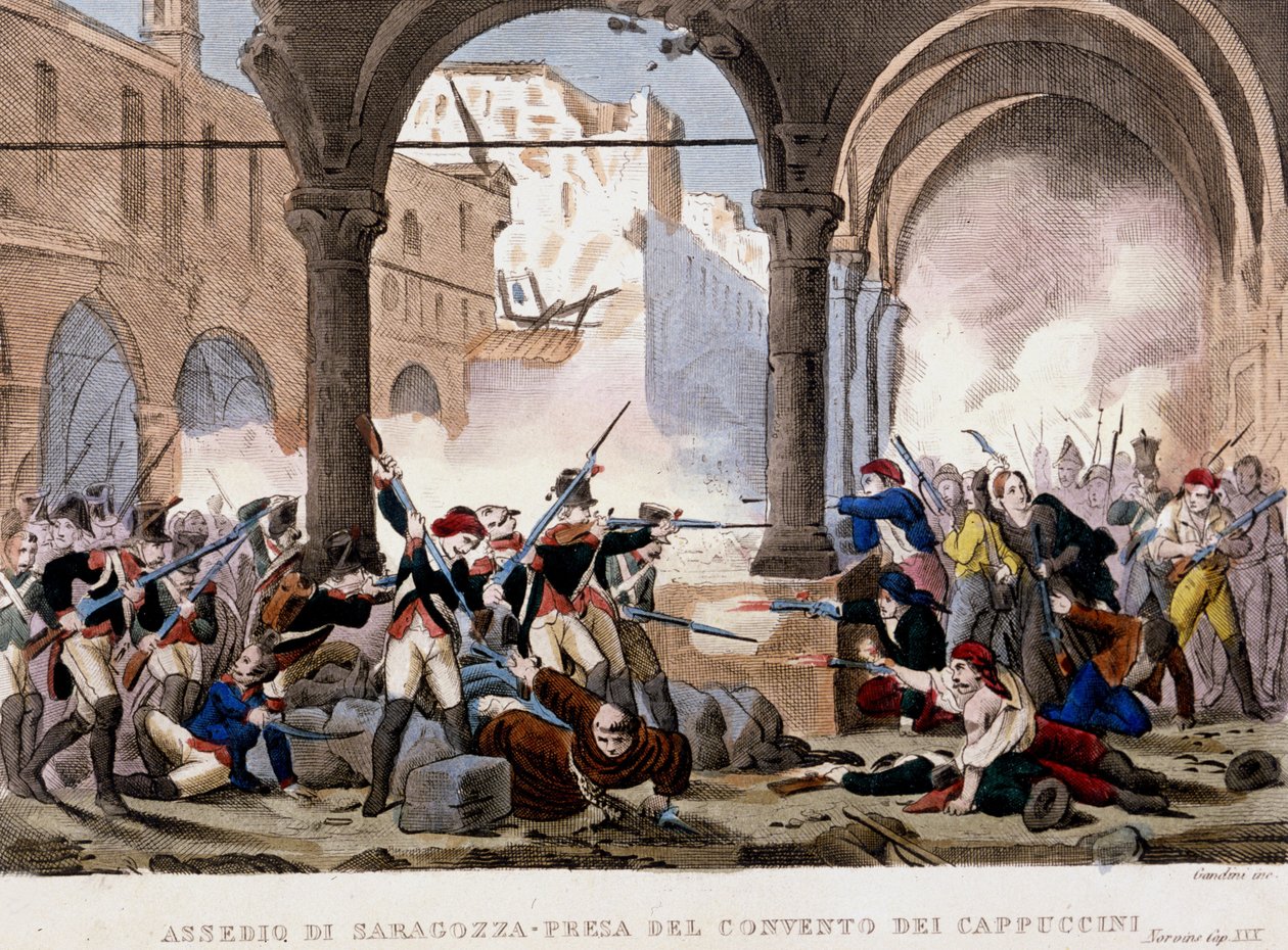 Zaragozan (Zaragoza) ja kapusiiniluosterin piiritys 1808. Aikakauden värikaiverrus. Milano tekijältä Unknown artist