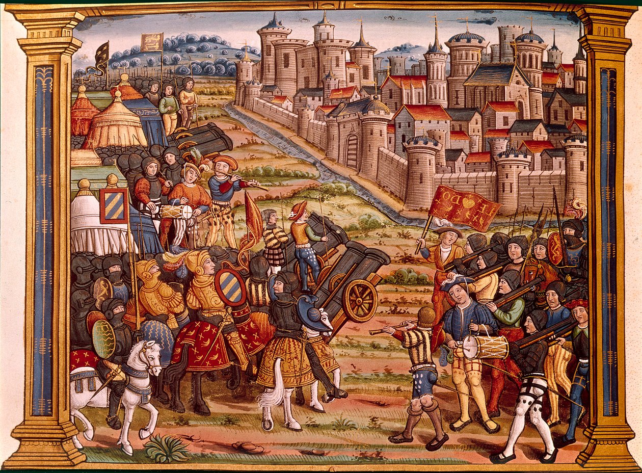 Kaupungin piiritys pommeilla: Ludvig XI Liegeoisia vastaan. Miniatyyri ottaa käsikirjoituksesta "" Les epitaphes des feux kings Louis XI:nnen tämän nimen ja Charlesin hänen poikansa VIII:sta tämän nimen jumala absoe"" tekijältä Unknown artist