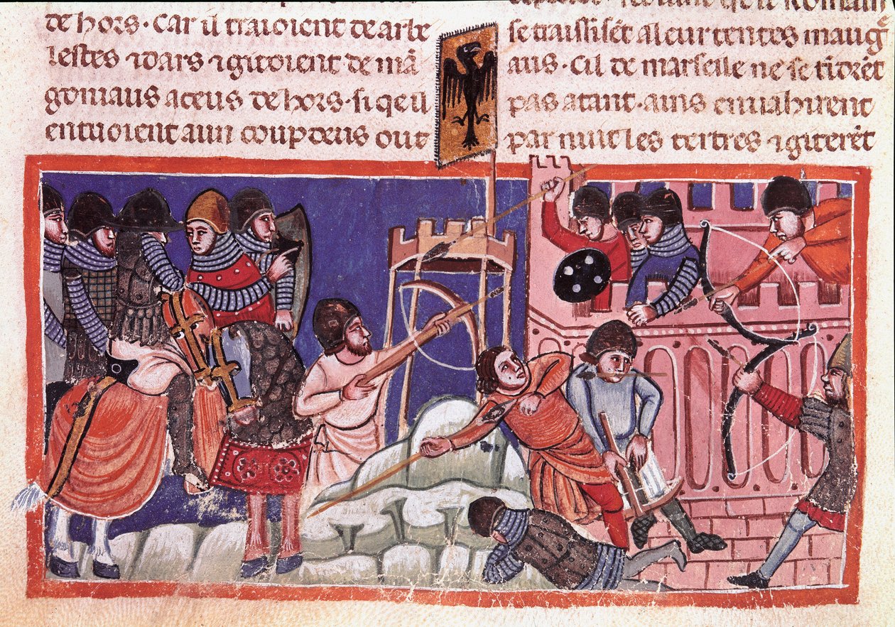 Linnoitetun kaupungin piiritys. Miniatyyri Jules Cesarin (101 eKr.-44 eKr.) tosiseikkoja koskevasta koodeksista 1300-luvun Venetsia, Biblioteca marciana tekijältä Unknown artist