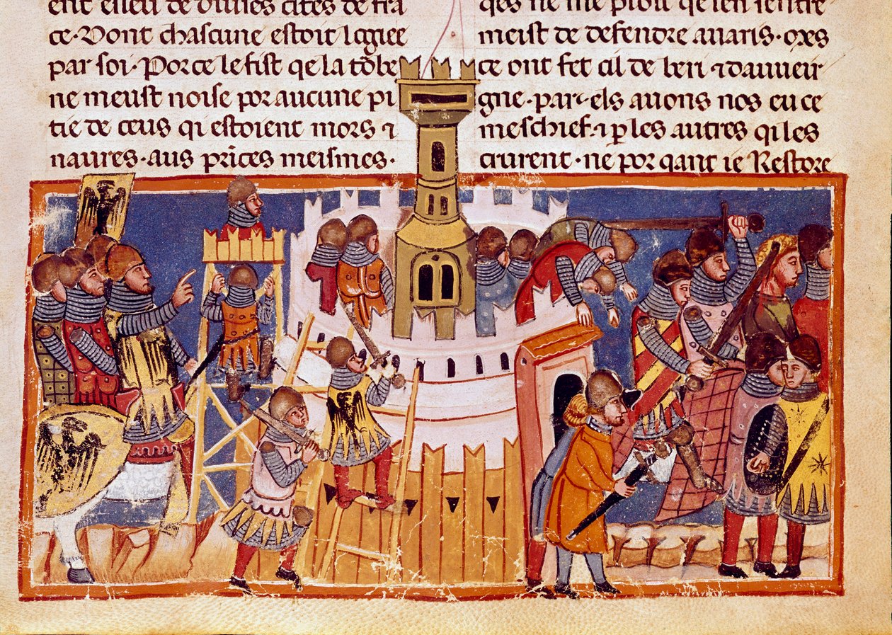 Linnoitetun kaupungin piiritys Pienoiskuva "The Facts of the Romans" -sarjasta, joka kertoo kahdentoista Cesarin elämästä. 1200-luvun Venetsia, biblioteca Marciana tekijältä Unknown artist