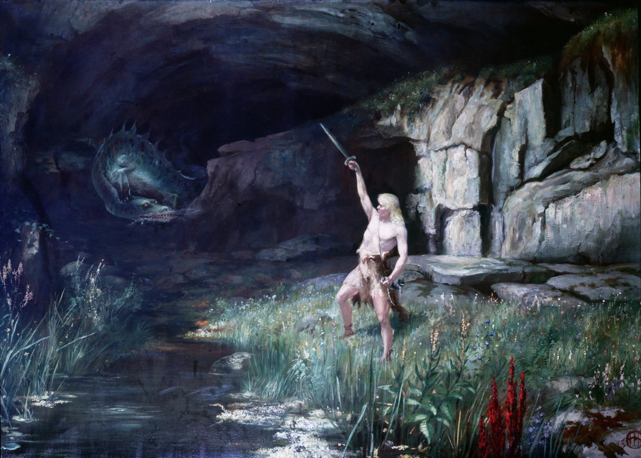 Siegfried kasvot lohikäärme Fafneria heilutti miekkansa. Richard Wagnerin (1813 - 1883) oopperan "" Nibelungien sormus" -lava. Maalaus. tekijältä Unknown artist