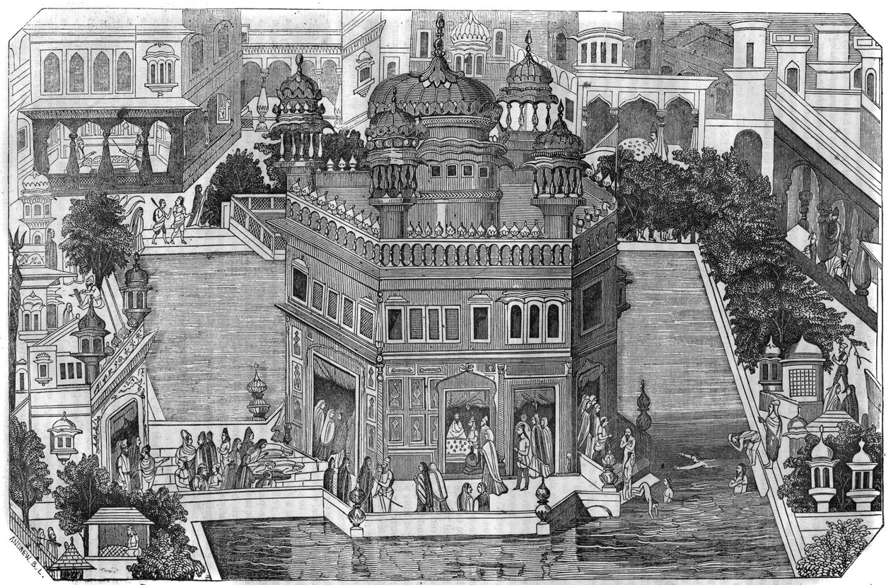 Sikhismi: näkymä Kultaiseen temppeliin (Harmandir Sahib), sikhien uskonnon kulttuurikeskukseen, altaalle ja Amritsarin kaupunkiin Intian Panjabin osavaltiossa (Lahoren kuningaskunta). "" Maalauksellisessa kaupassa"" 1836 tekijältä Unknown artist