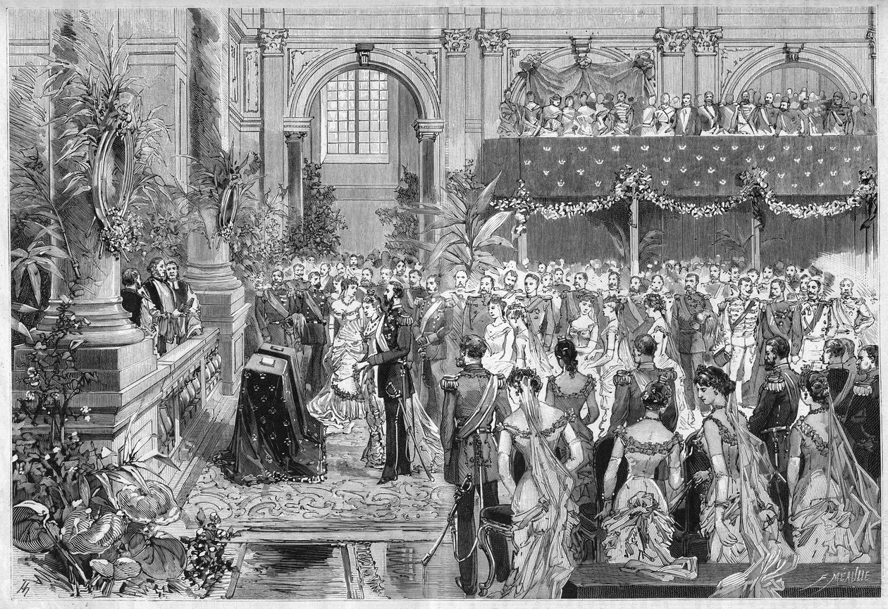 Ruotsin ja Norjan kuninkaan ja kuningattaren, Oscar II:n (1829-1907) ja Sophie de Nassaun (1836-1913) hopeahäät, 6. kesäkuuta 1882. Kaiverrus kirjaan ”” The Illustrous World” n¡1316, 17. kesäkuuta 1882. tekijältä Unknown artist