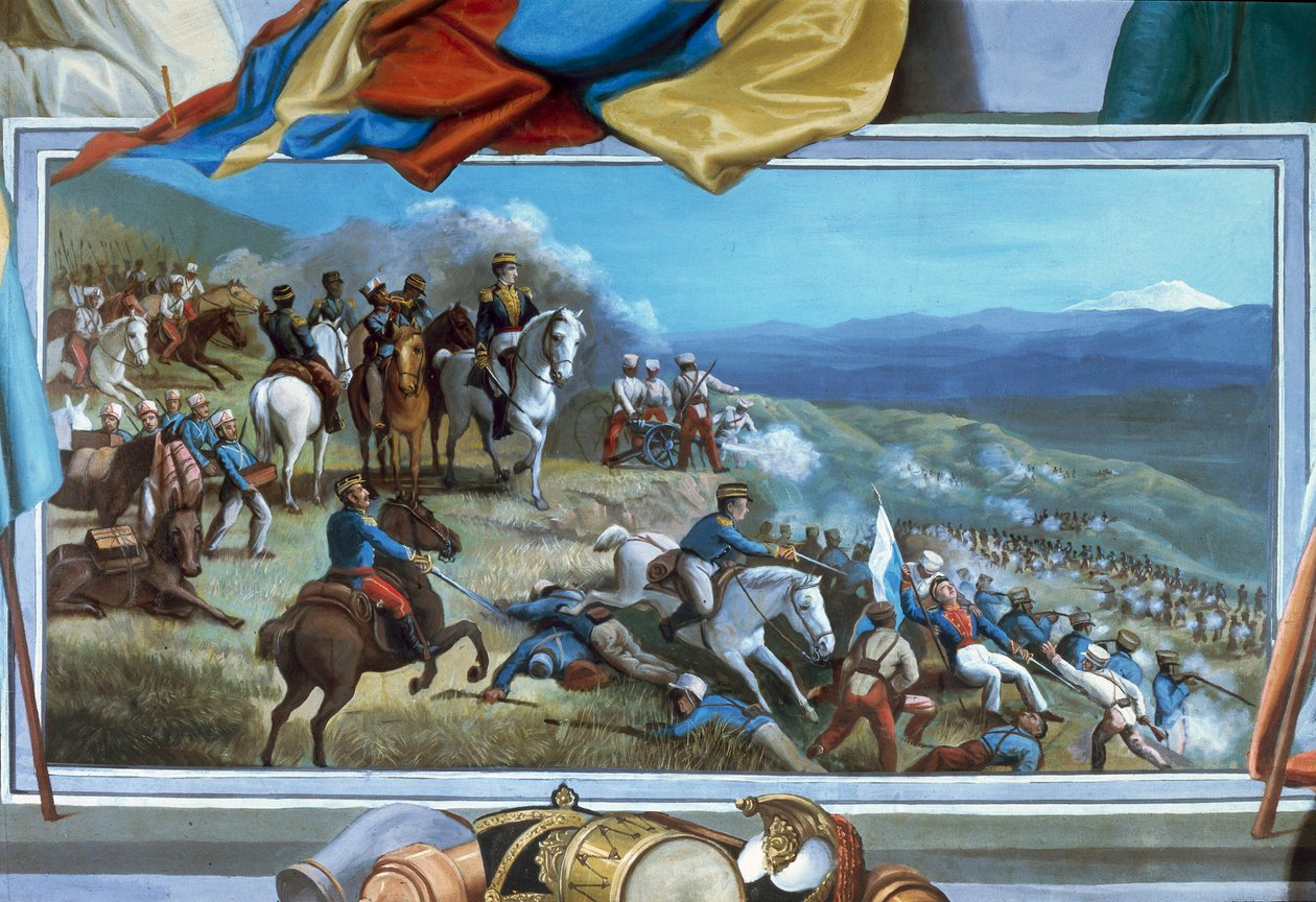 Simon Bolivar johtaa kapinallisjoukkoja Agustin Agualongon espanjalaisia joukkoja vastaan, fresko Ibarran kaupungintalo, Ecuador tekijältä Unknown artist