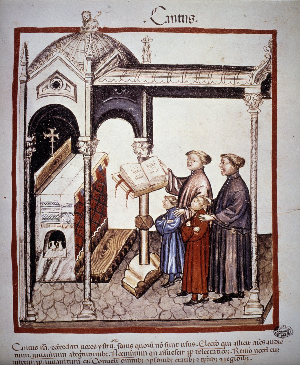 Laulu (perhe laulaa kirkossa) - "" Tacuinum Sanitatis""" 1300-luvulla. B.N, Wien. tekijältä Unknown artist