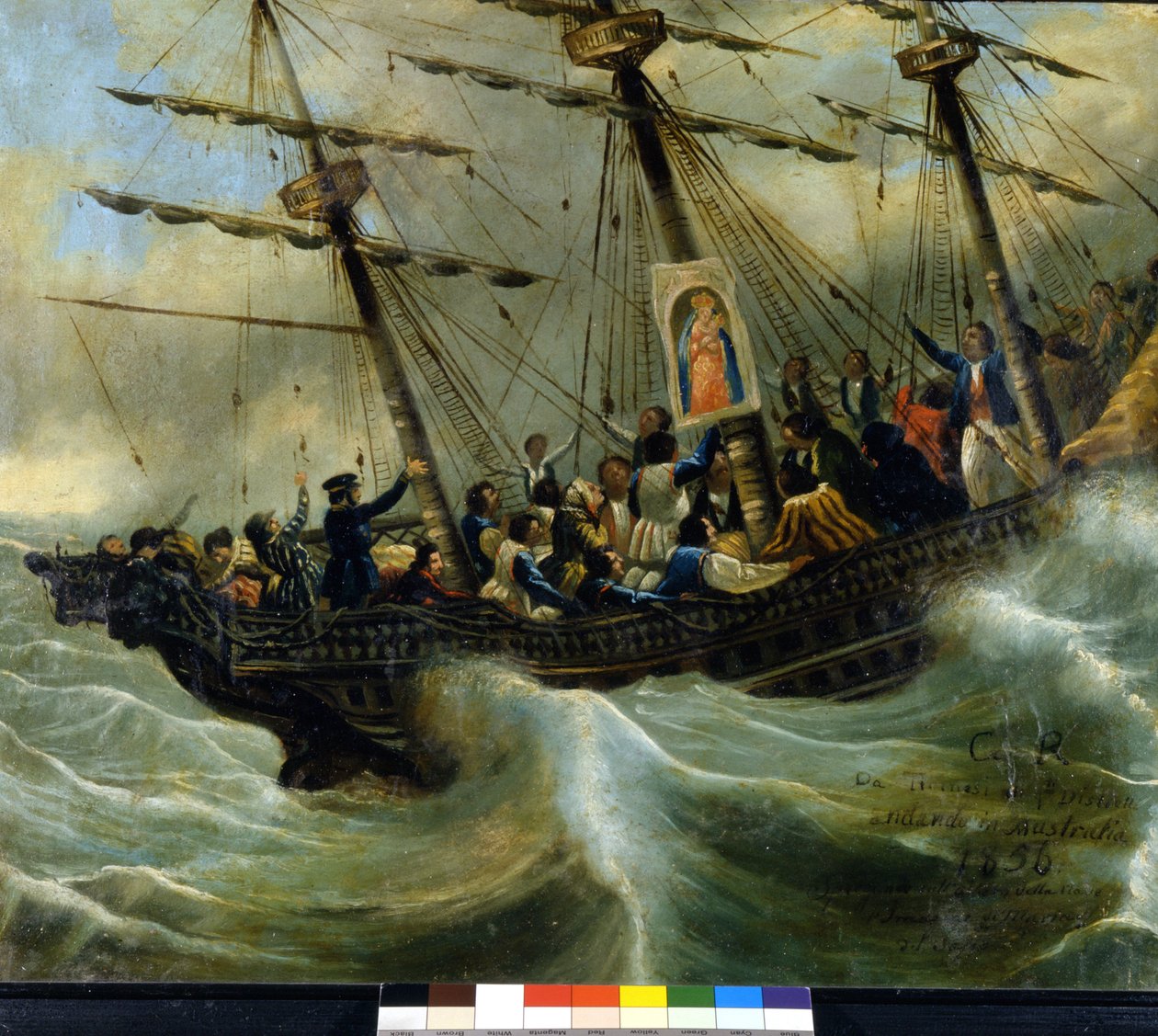 Sveitsiläisen siirtolaisaluksen uppoaminen. Ex voto vuodelta 1856 Madonna del Sasson pyhäköstä Locarnosta. Giovanni Antonio Vanonin maalaus. tekijältä Unknown artist