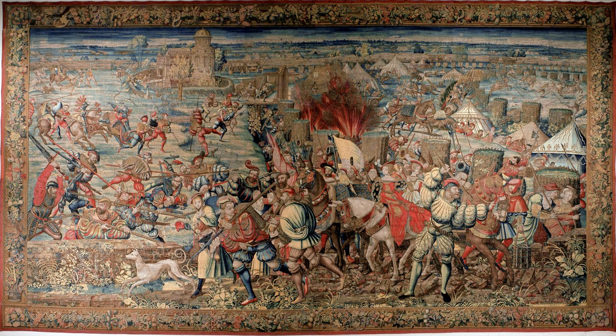 Kuudes Italian sota (1521-1526): esitys Pavian (Pavia) taistelusta 24.2.1525, jossa Francois I hävisi Charles V. Tapestryä vastaan. Napoli. Capodimonten kansallismuseo. tekijältä Unknown artist