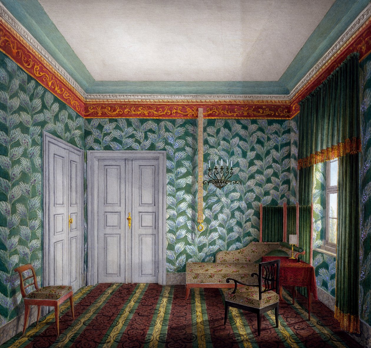 Pieni päivähuone, jossa on vihreä tapetti ja lehdet tekijältä Unknown artist