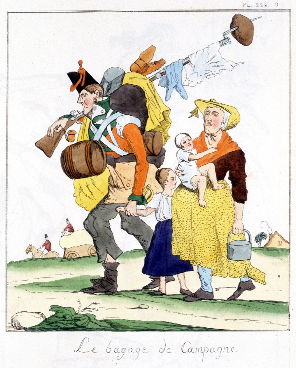 Englantilainen sotilas kampanjoista Napoleonia vastaan ​​vaimonsa ja lastensa hämmentyneenä - E. Jaimen "" Musée de la caricature" -kirjassa, toim. Delloye, Pariisi tekijältä Unknown artist