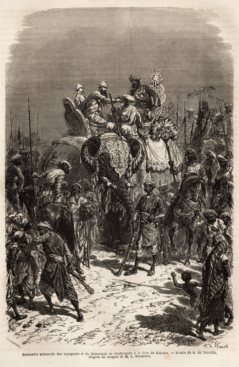 Juhlallinen kokous ja kädessä pidetty norsun selässä matkustajaryhmän ja Chutterporen maharadajan välillä Kajrahan messuilla. Kaiverrus havainnollistamaan rajahien matkaa Intiassa, Louis Rousselet, 1864-1868, julkaistu "" Le tekijältä Unknown artist