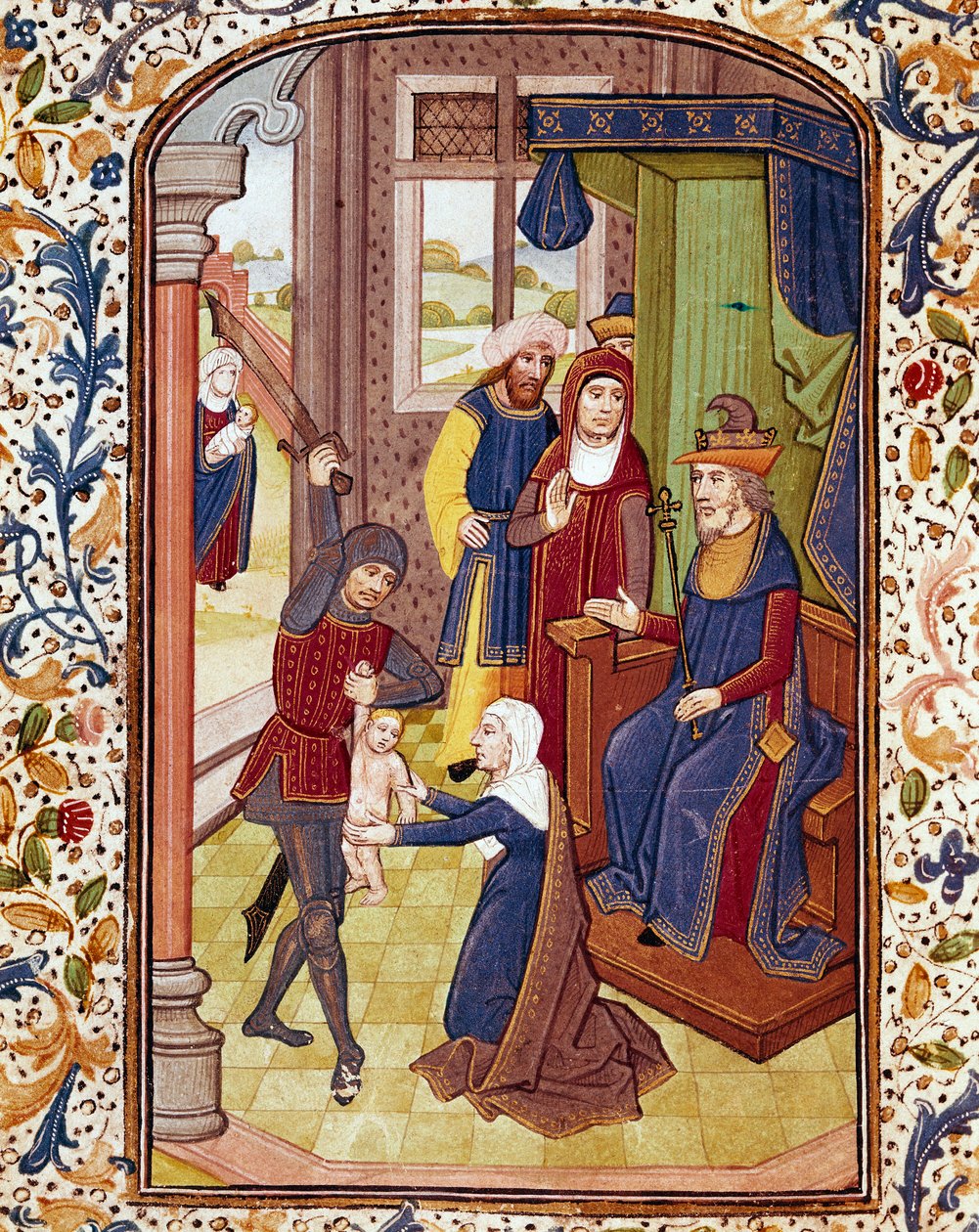 Salomonin tuomio Kaksi naista teeskentelee olevansa saman lapsen äiti. Miniatyyri 1400-luvun yliopiston Coimbran kirjaston käsikirjoituksesta tekijältä Unknown artist