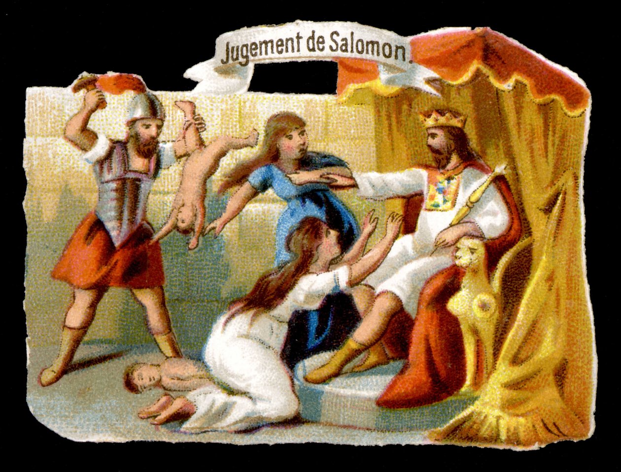 Salomon tuomio, jossa äiti uhrasi itsensä pelastaakseen lapsensa. 1800-luvun kromolitografia. tekijältä Unknown artist