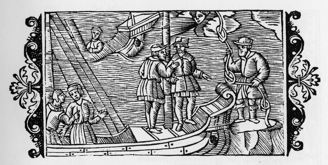 Noita myy merimiehille tuulia lukittuina köyden kolmeen solmuun - Olaus Magnuksen teoksessa "Historia de Gentibus Septentrionalibus" (Pohjolan kansojen historia), Rooma 1555 tekijältä Unknown artist