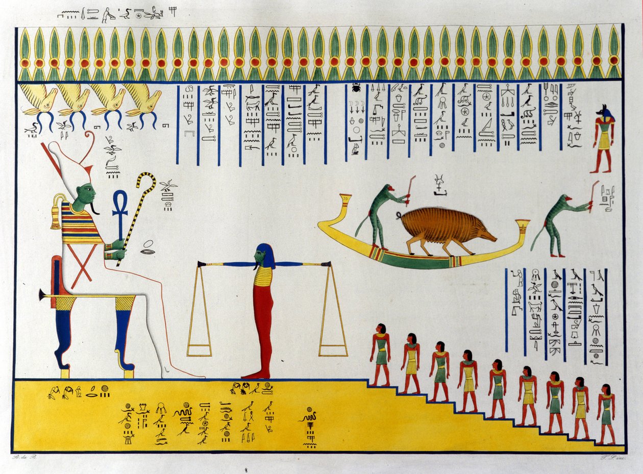 Osiris punnitsee sieluja, minkä jälkeen tuomiosta riippuen ne lentävät liittyäkseen vapaisiin henkiin tai palaavat eläinten ruumiisiin jatkaakseen kohtalokasta muuttokiertoa. Biban-elin hauta. Moluk tekijältä Unknown artist