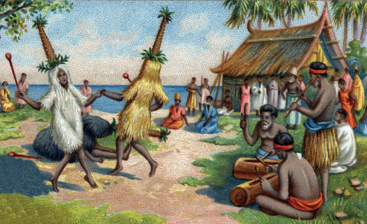 Etelä-Tyynenmeren saaren tanssijat: he käyttävät kolibrin höyhenistä, kakaoista ja paratiisin linnuista valmistettuja vaatteita uskonnollisissa seremonioissa. 1800-luvun kromolitografia tekijältä Unknown artist