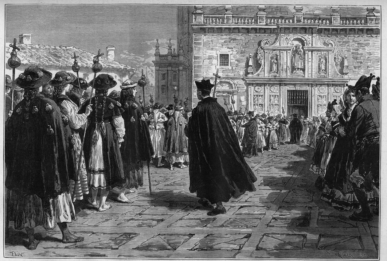 Espanja 1880: Santiago de Compostelan (Santiago de Compostelan) juhlat, pelerinien kulkue basilikan sisäänkäynnillä. tekijältä Unknown artist