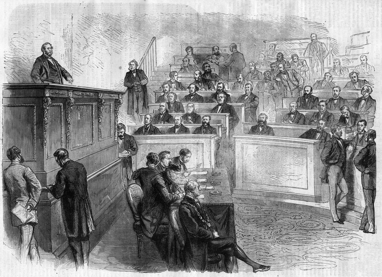 Eugene Rouherin (1814-1884) puhe tribune du corps legislatif -kaiverruksella "" Le Journal Illustronne"" tekijältä Unknown artist