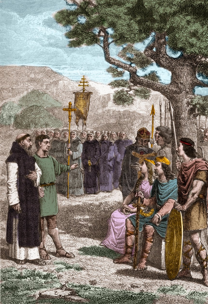 Pyhä Augustinus Canterburysta (k. 604) saarnaa ennen Ethelbertiä (552? -616), Kentin anglosaksista kuningasta, jonka hän kastoi vuonna 597 - paavi Gregorius I lähetti Augustinuksen kääntämään anglosakseja kristinuskoon - Pyhän Augustinuksen Canterburylaine tekijältä Unknown artist