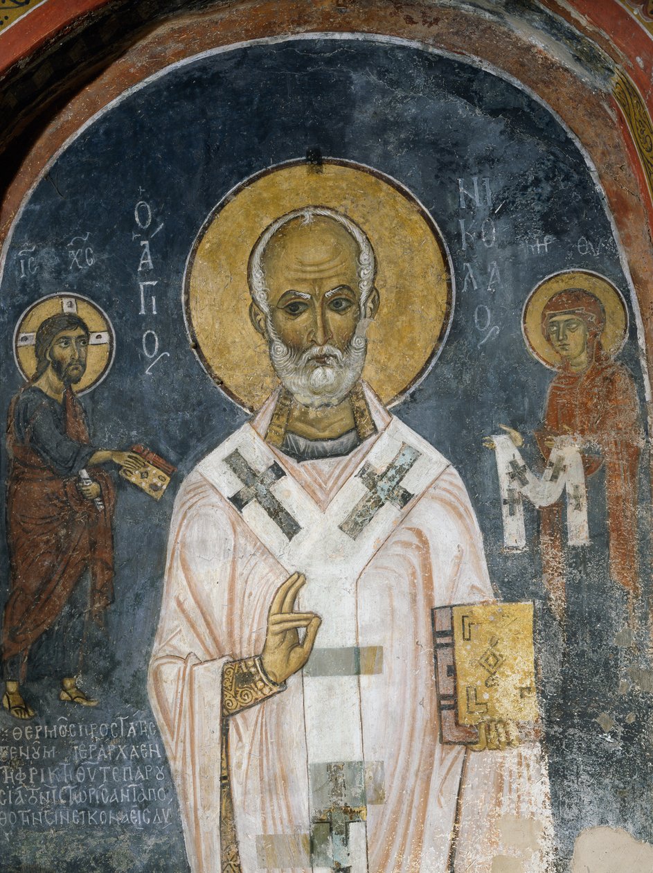 Pyhä Nikolaus Myran fresko (1100-luku), Ayios Nikolaos tis Steyisin kirkko (1000-luku) (Unescon maailmanperintöluettelo, 2001), Troodos-vuoret, Kypros tekijältä Unknown artist