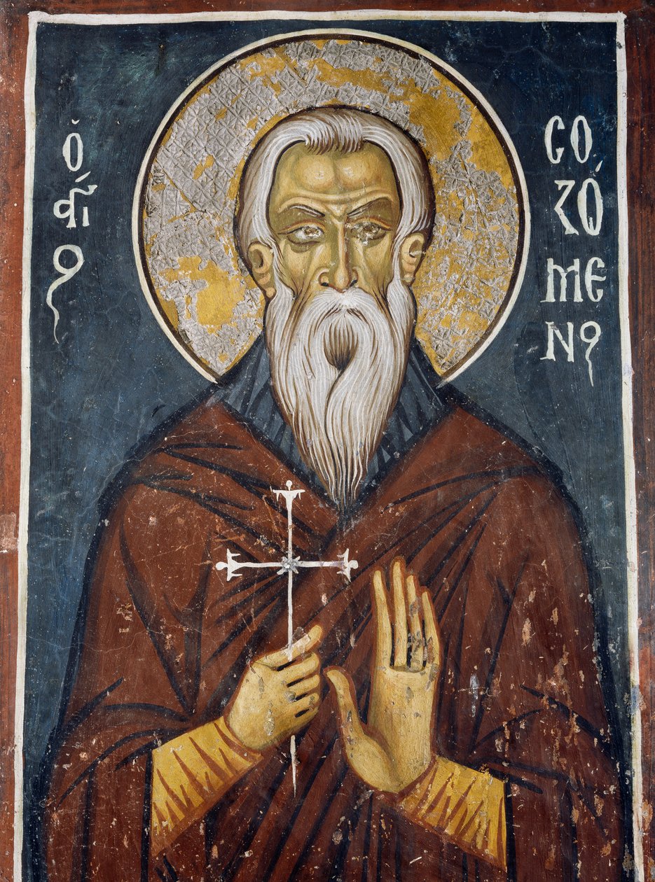 Pyhä Sozomen, Kyproksen kirkon ensimmäinen pyhimys, fresko (1332-1333), bysanttilainen Asinoun Neitsyt Marian kirkko (1100-luku) (Unescon maailmanperintöluettelo, 2001), Troodos-vuoret, Kypros tekijältä Unknown artist