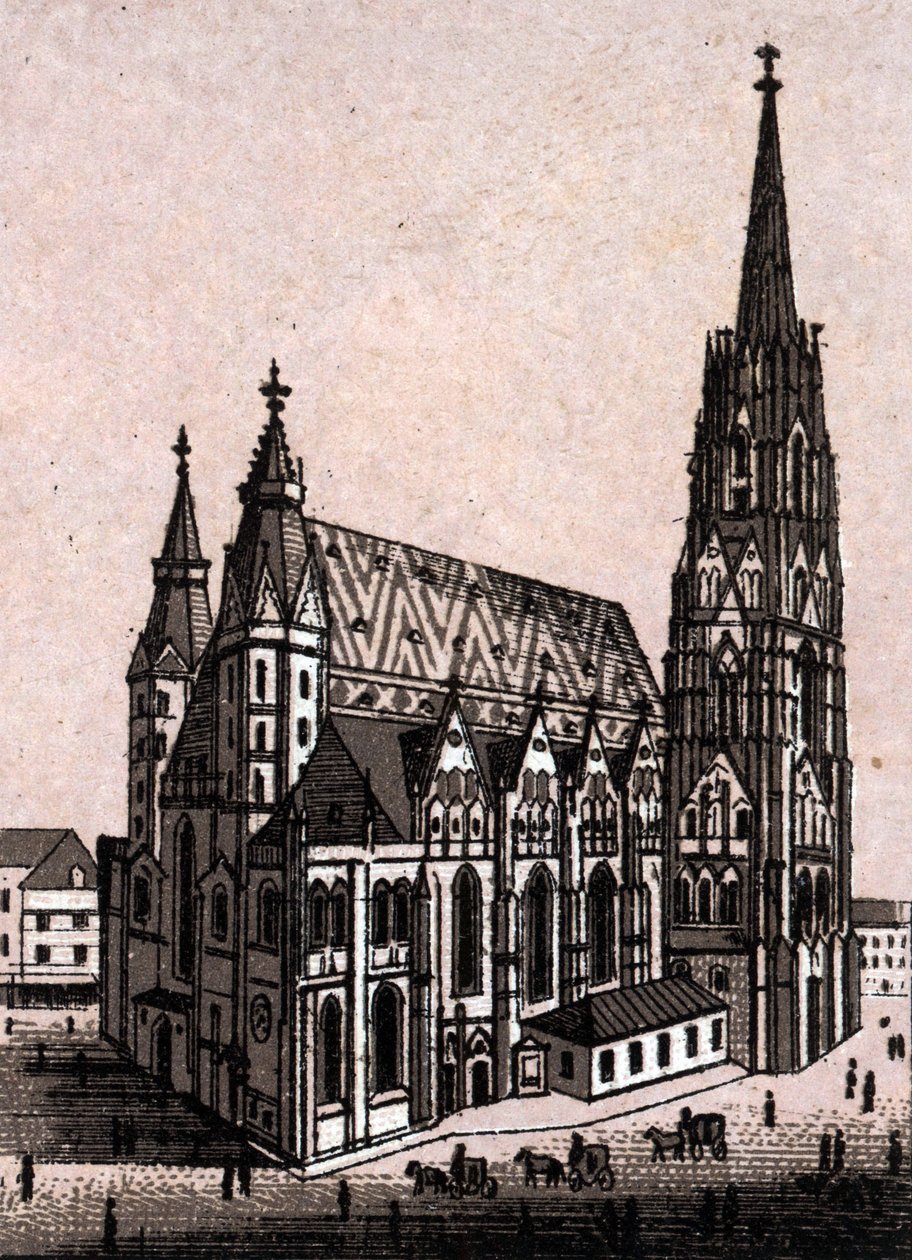 Pyhän Tapanin katedraali (St. Stephen tai Stephansdom tai St. Stephane tai St. Stephan Kirche) Wienissä Itävallassa (Wien) teoksessa "Maailma havainnollistaa 168 näkymää" Päiväämätön (1800-luvun loppu) tekijältä Unknown artist
