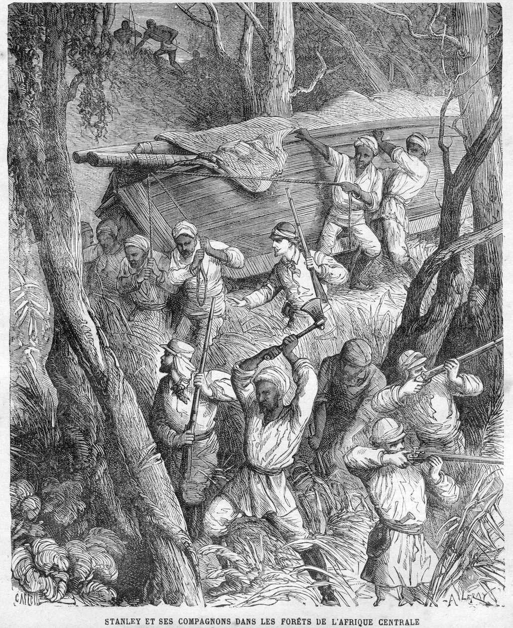 Stanley Afrikassa - Stanleyn tutkimusmatka Keski-Afrikkaan 1874-1877: Marssi viidakon läpi - Puupiirros Horace Castellin (1825-1889) piirustuksen mukaan. tekijältä Unknown artist