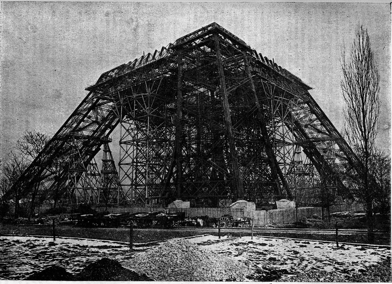 Eiffel-tornin rakennustilanne Pariisissa maaliskuun alussa 1888, Kaiverrus lehdessä ”” la jeunesse”” tekijältä Unknown artist