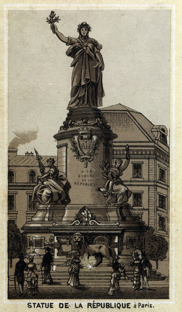 Tasavallan patsas, Place de la Republique Pariisissa. 1800-luvun lopun kromolitografia. tekijältä Unknown artist