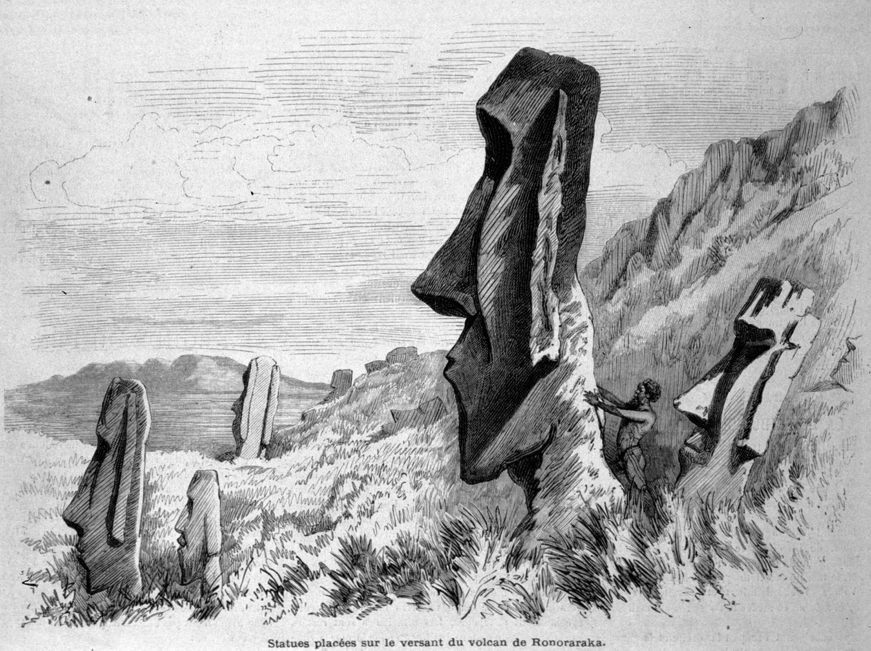Patsaat, jotka on sijoitettu Ronorarakan tulivuoren rinteeseen Pääsiäissaarella (Rapa Nui). Kaiverrus 1871. tekijältä Unknown artist