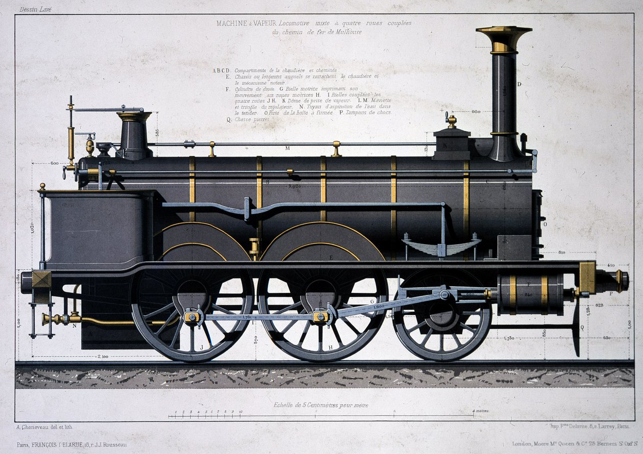 Mulhouse Railwayn höyryveturi - piirustus pesussa tekijältä Unknown artist