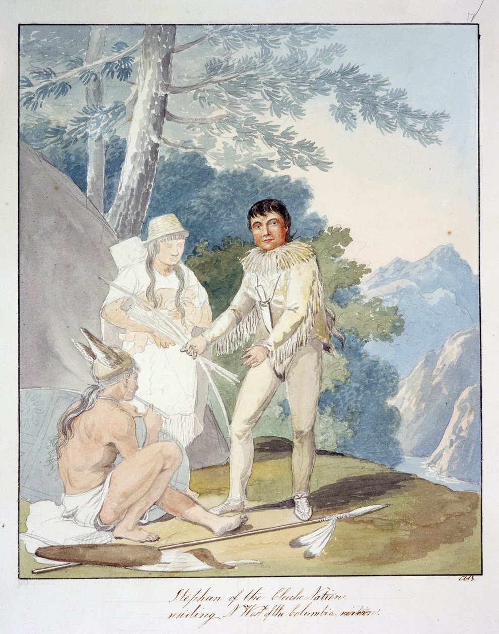 Stephan of the Chiche Nation, joka asuu n. Columbia-joen länsipuolella, n. 1843-50 (akvarelli) tekijältä Unknown artist