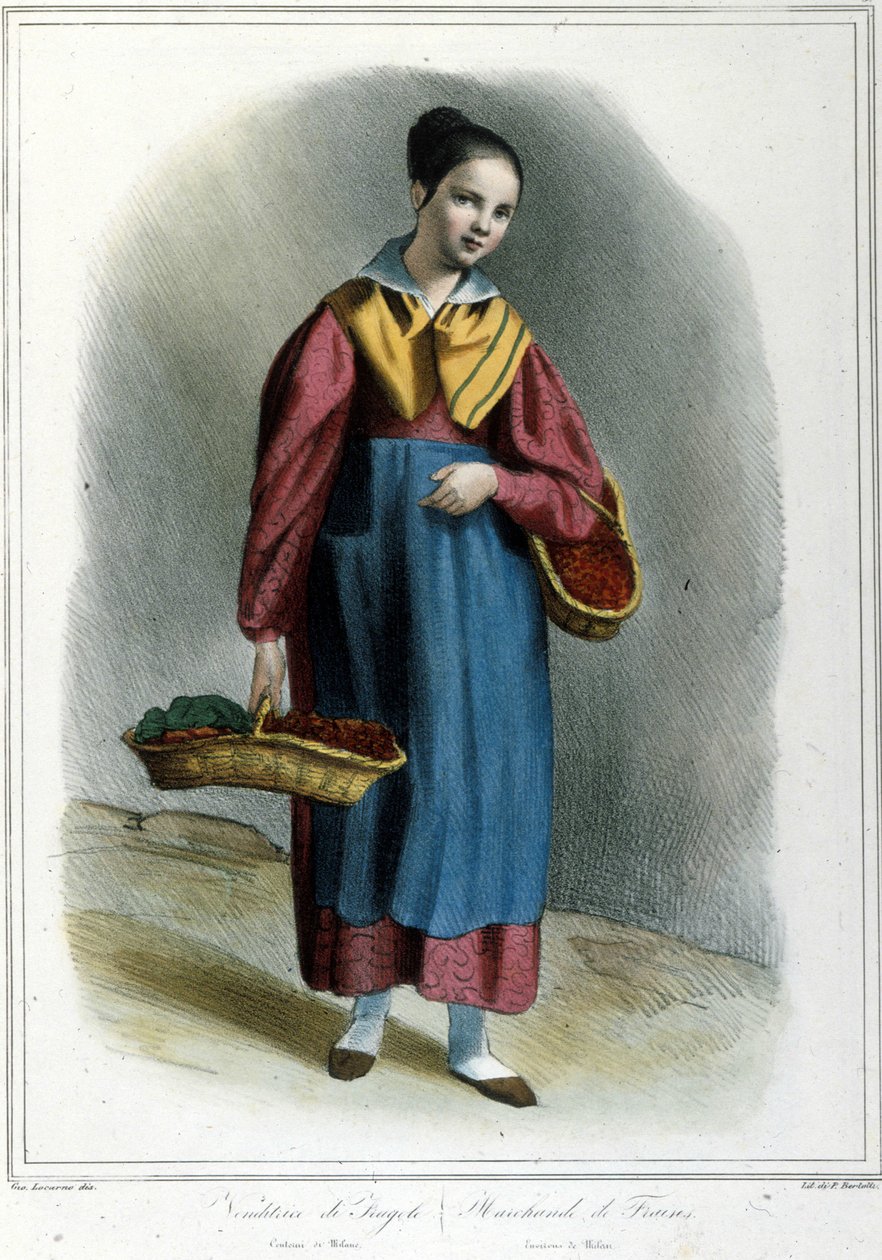 Mansikkamyyjä. Kaiverrus aiheesta "" Milanese Costume of Locarno "" tekijältä Unknown artist