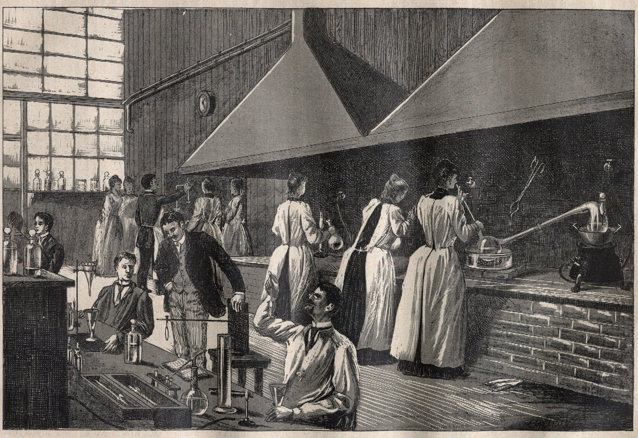 Opiskelijat ja professorit Pariisin Conservatoire des Arts et Metiersin (Arts-et-Metiers) käytännön laboratoriossa tekijältä Unknown artist