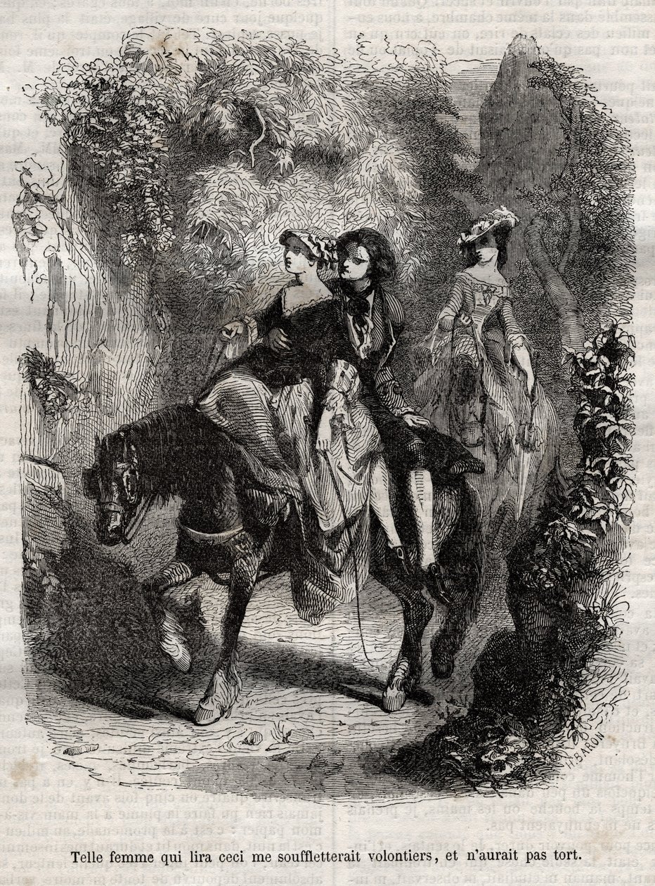 Tällainen nainen, joka lukee tämän, lyö minut mielellään, eikä olisi väärässä. - Kuvitus Jean-Jacques (Jean Jacques) Rousseaun (1712-1778) ""-tunnustuksille" - kaiverrus vuodelta 1849 tekijältä Unknown artist