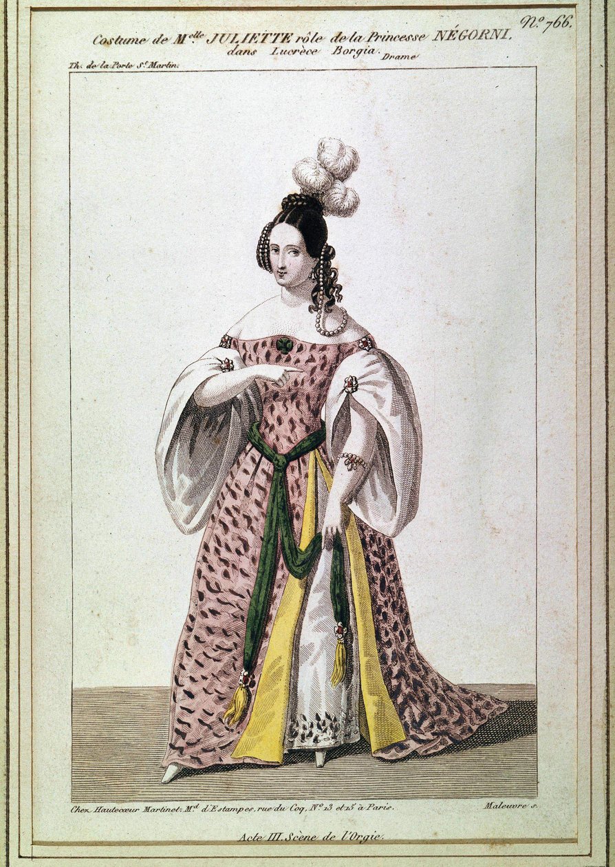 Neiti Juliette Drouetin puku prinsessa Negronin rooliin Victor Hugon "Lucrece Borgiassa". Kaiverrus 1800-luvulta. tekijältä Unknown artist