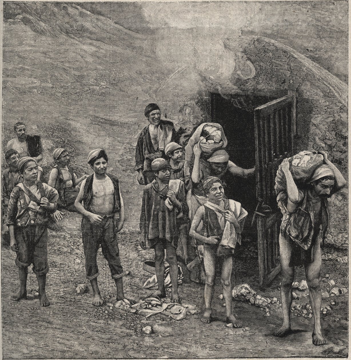 Rikin louhinta (Zolfara) Sisiliassa, piirustus tekijältä Unknown artist