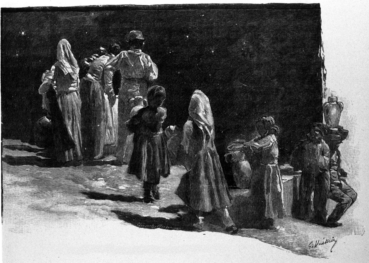 Taikausko: Sisilian kylien asukkaiden pohdiskelu tähtiä. Kaiverrus 1800-luvulta tekijältä Unknown artist