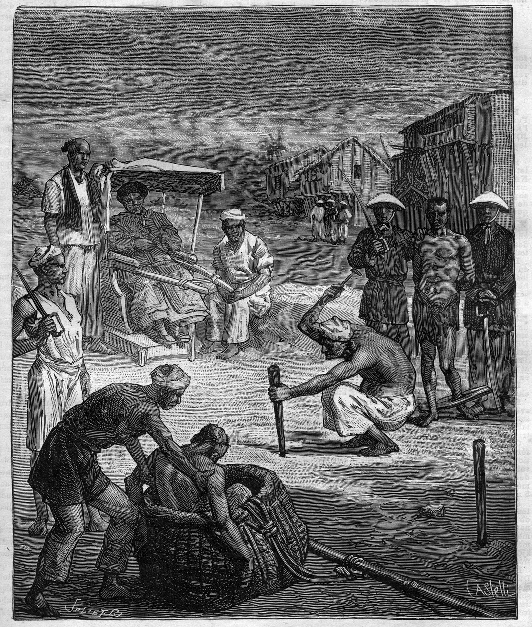 Kahden merirosvon tarjous Tonkinissa - Tonkinin merirosvo - kuvitus Pierre Maelin (Charles Causse ja Charles Vincent) romaanille, kaiverrus "" journal des voyages""" 1884 tekijältä Unknown artist