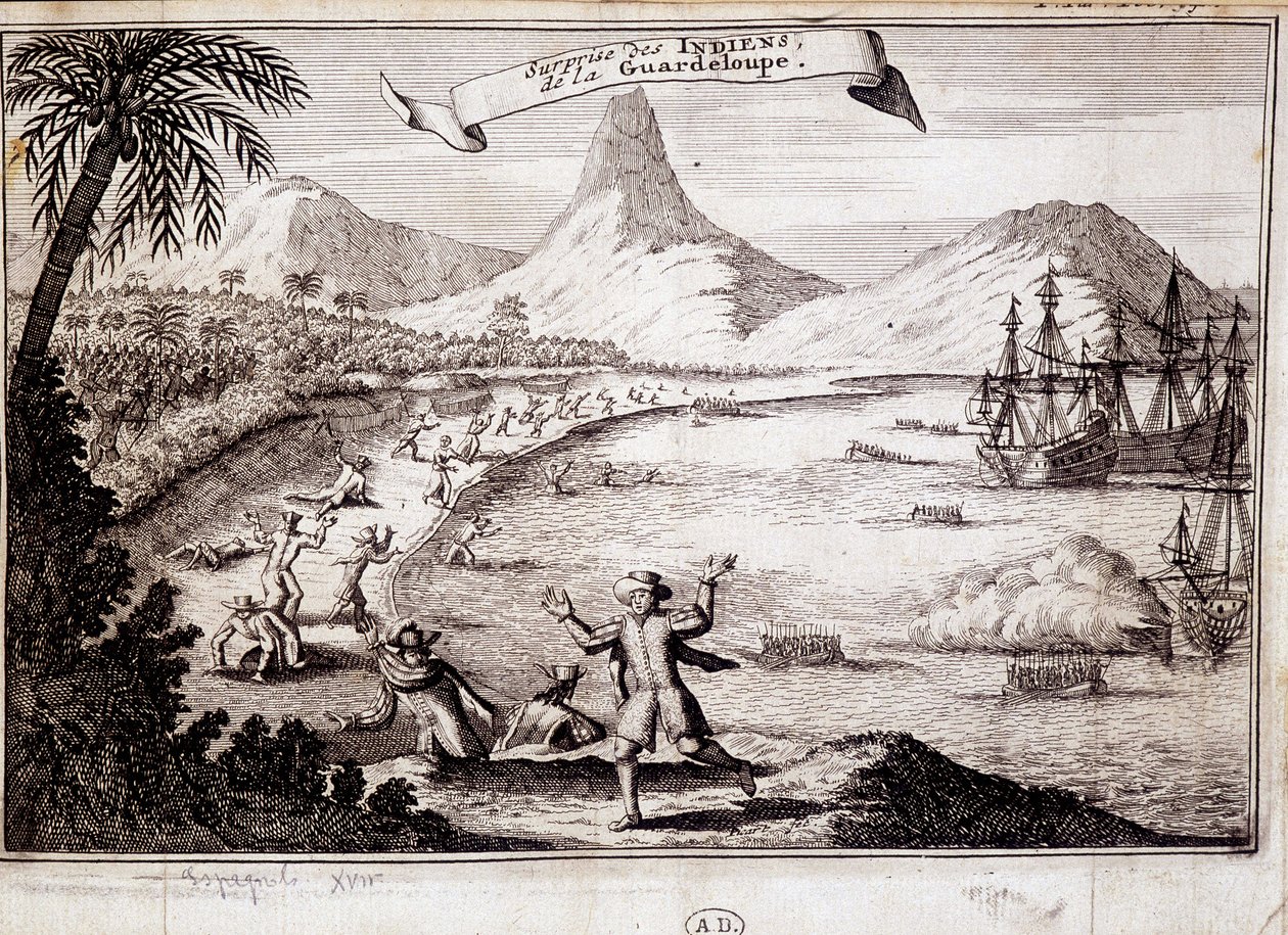 Intiaanien yllätys Christopher Columbuksen maihinnousussa Guadeloupessa (karavellit) - kaiverrus tekijältä Unknown artist