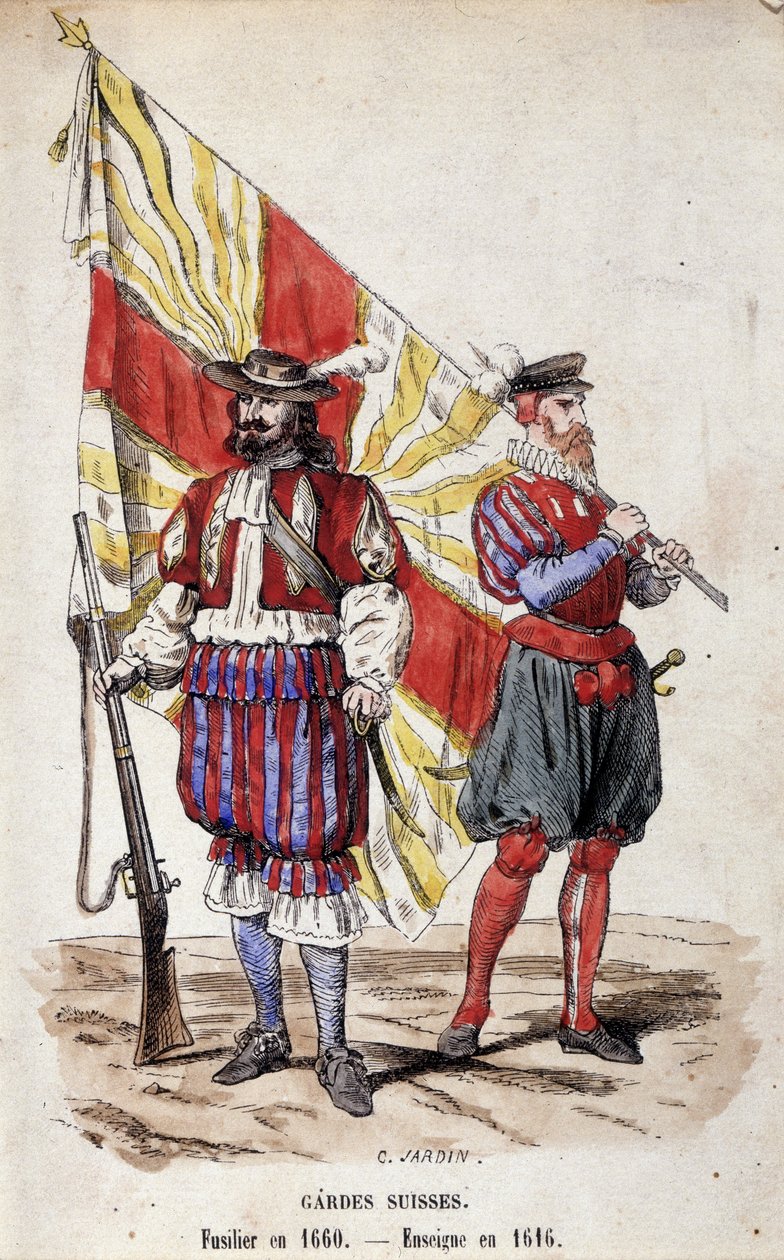 Sveitsin vartijat: Fusilier vuonna 1660 ja lippu vuonna 1616. tekijältä Unknown artist
