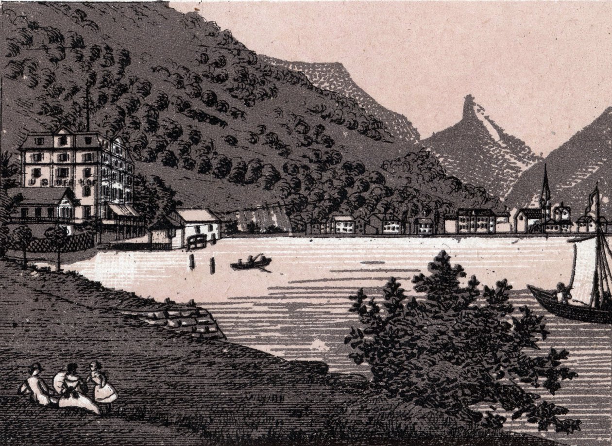 Sveitsi: näkymä Fluelenin kaupunkiin. kirjassa "" Maailma havainnollistaa 168 näkymää"" Päiväämätön (1800-luvun loppu) tekijältä Unknown artist